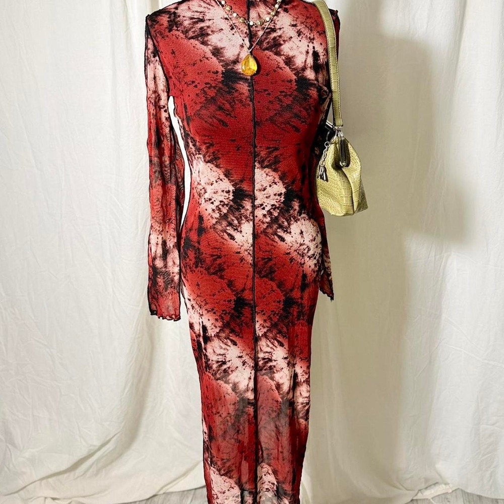 Kimcine Curve Sheer Red Black Mesh Midi Dress — S